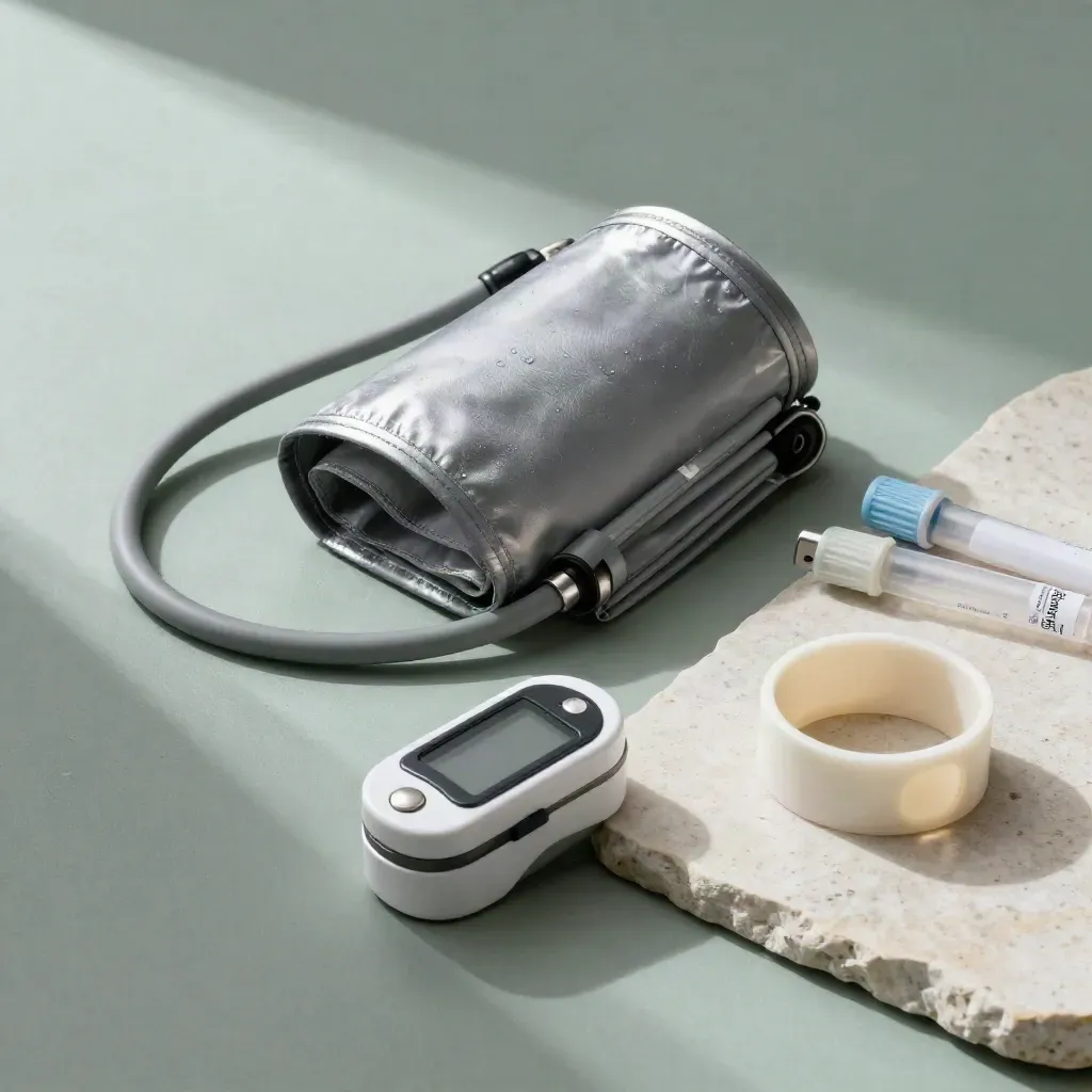 Clinical still life with cuff, pulse-ox clip, wristbands, tubes, and cable on sage stone