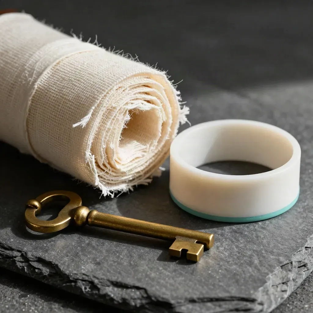 Rolled gauze, wristband stack, and brass clinic key on dark stone in soft macro light