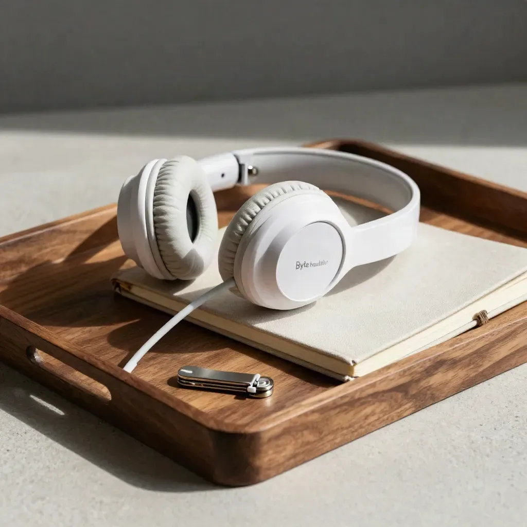 Telehealth headset, closed notebook and cable clip on a walnut tray in dramatic studio light.