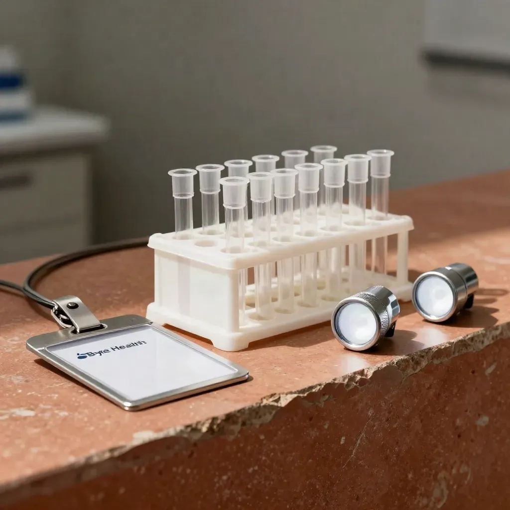 Badge reel, specimen tubes, and task lights on a terracotta stone ledge in macro light.